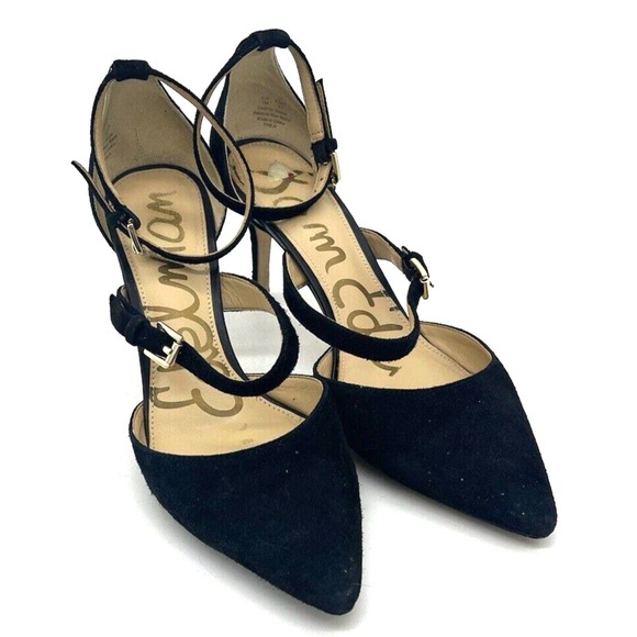 Sam Edelman Shoes - Sam Edelman Black Leather Velvet Pump Heel Double Ankle Strap Size 7M